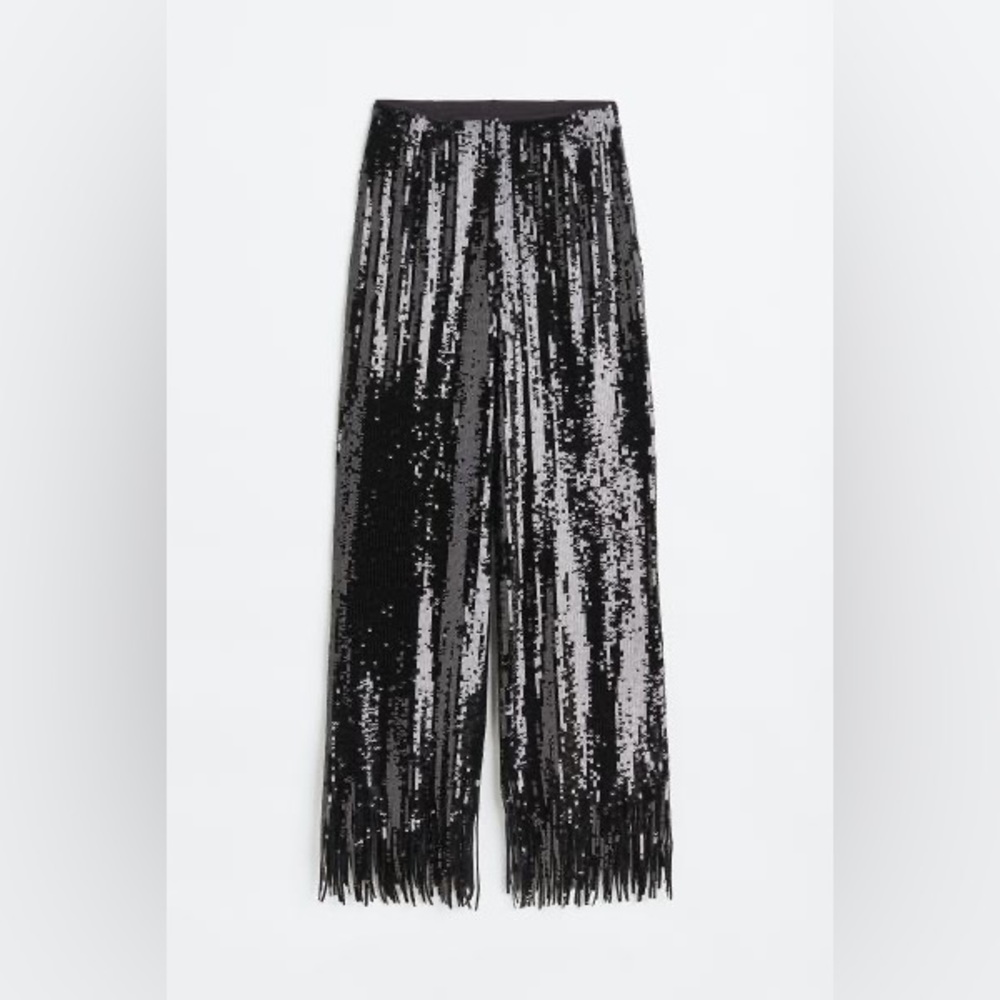 Black sequin fringe pants